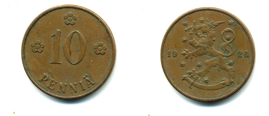 Финляндия 10 пенни 1926 республика (1918-1962) KM 24 медь 46-1517