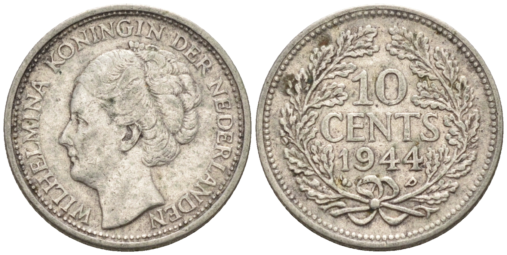 Нидерланды 10 центов 1944 Вильгельмина I (1890-1948) KM 163 серебро 4115-225