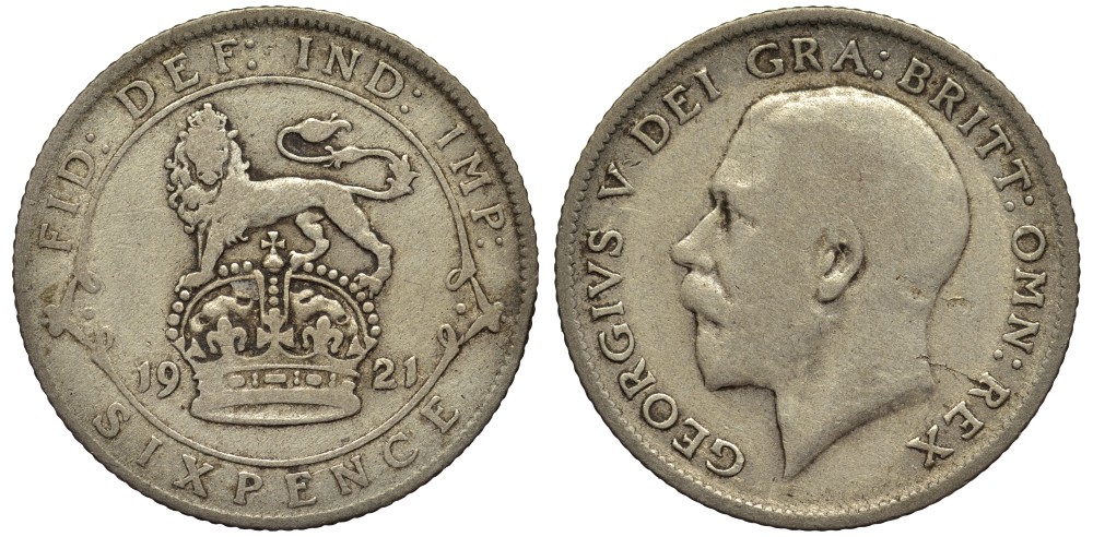 Великобритания 6 пенсов 1921 Георг V (1910-1936) KM 815а.1, Spink 4024 серебро 4539-115
