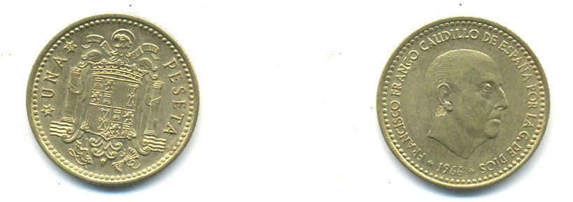 ИСПАНИЯ 1 ПЕСЕТА 1966 (70) ФРАНСИСКО ФРАНКО ДИКТАТОР ИСПАНИИ (1939-1975) КМ 796 алюминиевая бронза 83-243