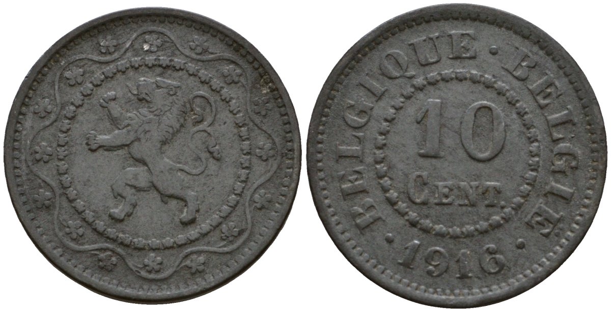 Бельгия 10 сантимов 1916 германская оккупация Первая мировая война, Альберт I (1910-1934) KM 81 цинк 4601-622