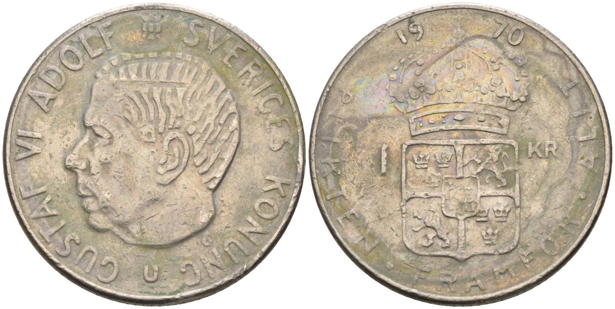 Швеция 1 крона 1970 Густав VI Адольф (1950-1973) KM 826a медь плакированная медно-никелем 181-523