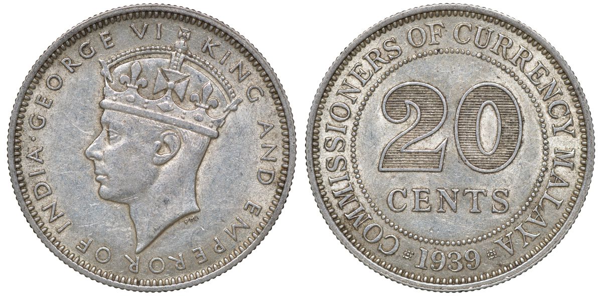 Британская Малайя 20 центов 1939 Георг VI (1937-1952) KM 5 серебро 53-413