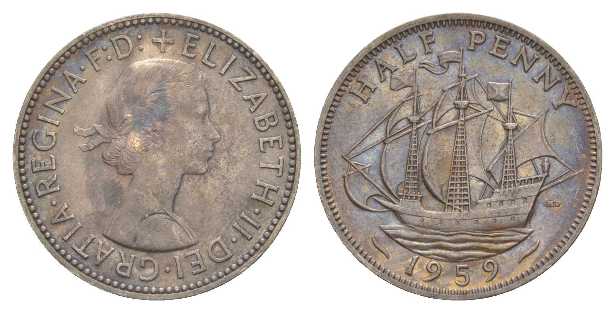 Великобритания 1/2 пенни 1959 Елизавета II (1952-2022) KM 896, Spink 4158 бронза 4638-511