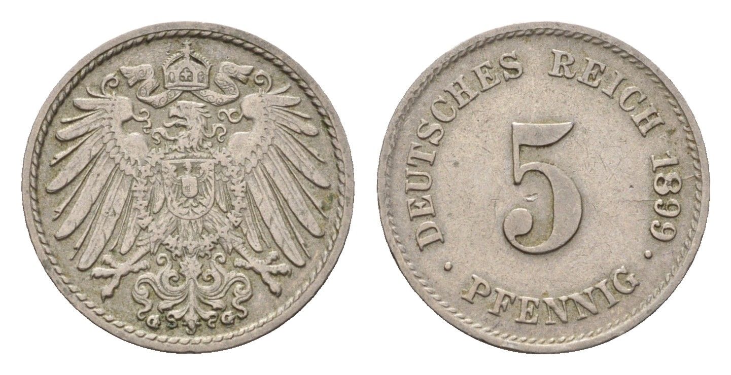 Германия 5 пфеннигов 1899 G, Вильгельм II (1888-1918) KM 11, J. 12 медно-никель 54-451