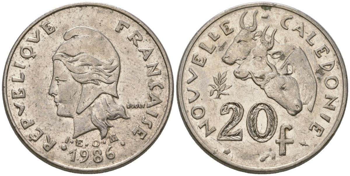 Французская Новая Каледония 20 франков 1986 три быка, (IEOM) KM 12, Schoen 14, Lec 112 никель 4123-842