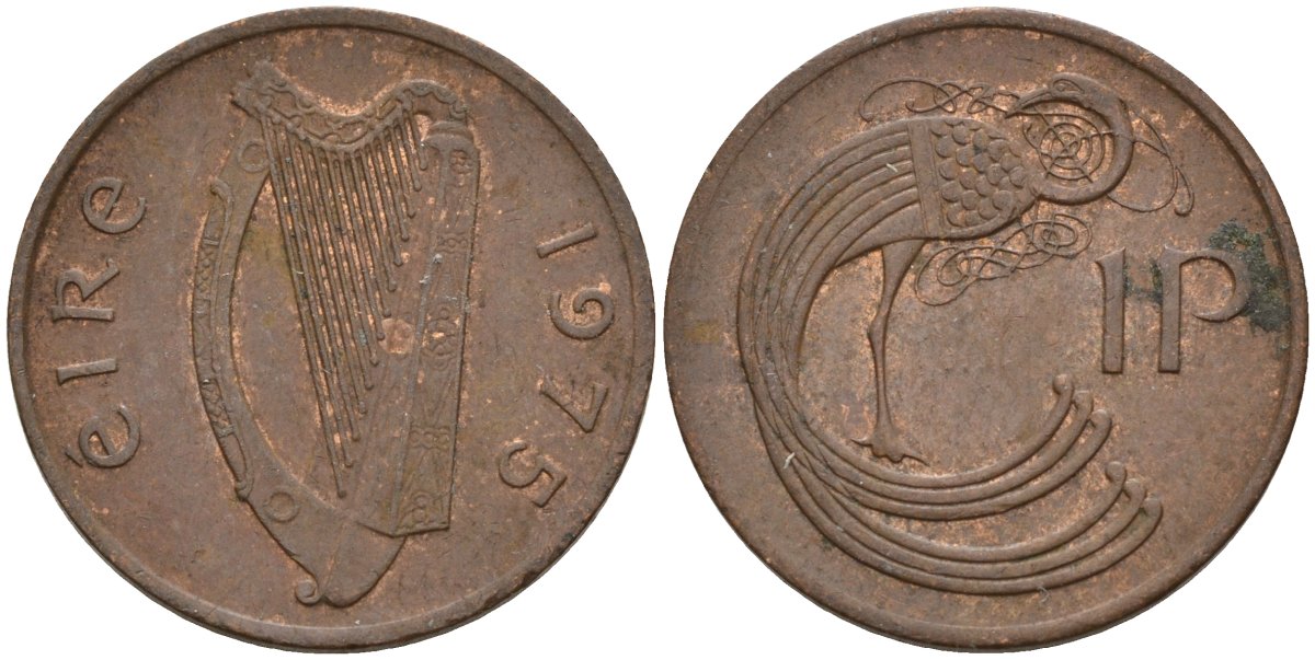 Ирландия 1 пенни 1975 мифологическая птица лира KM 20 бронза 4146-422