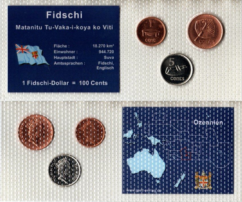 Фиджи набор из 3 монет (1, 2 и 5 центов) 2000, 2001 и 2006 в красочной упаковке с информацией о стране KM 49b, 50a и 51a UNC 5-4-1-60