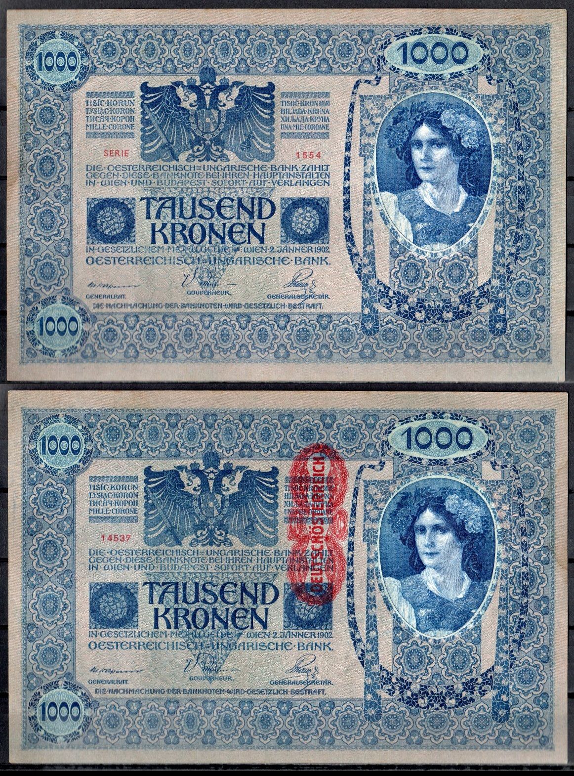 Австрия 1000 крон 1902 (1919) Pick 59 бумага UNC (пресс) 7183-21-1-1