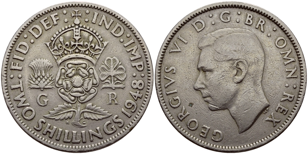 Великобритания 2 шиллинга (флорин) 1948 Георг VI (1936-1952) KM 878, Spink 4107 медно-никель 83-1612