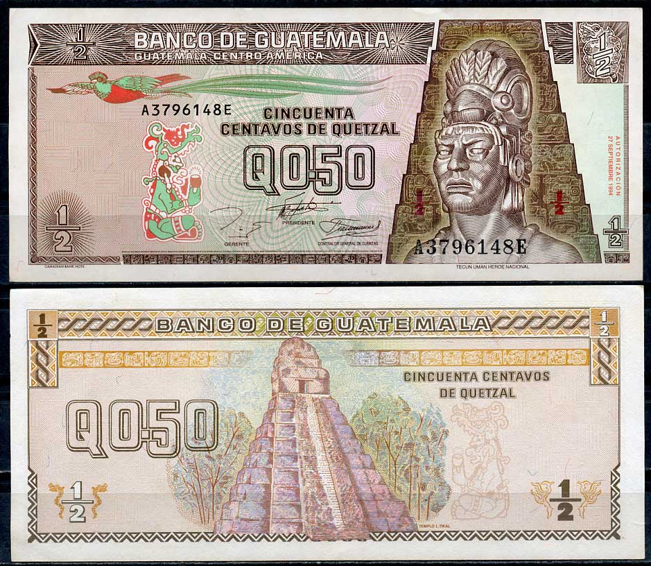 Гватемала 0,5 кетсаля 1994 Текун Уман, храм Тикаль Pick 86 b  бумага  UNC (пресс) 447-109-1