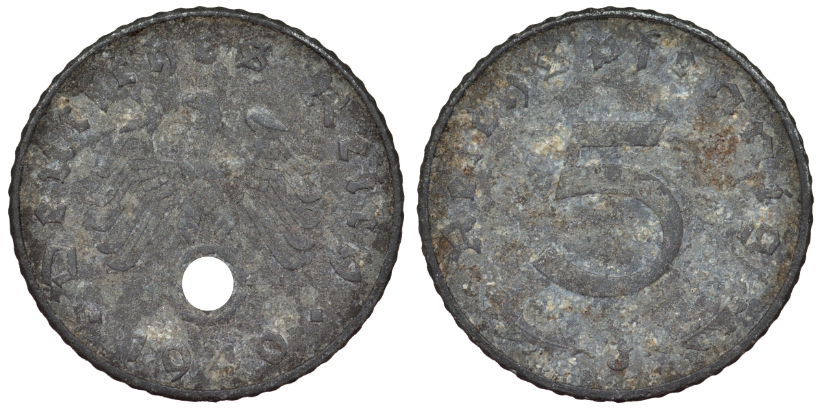 Германия 5 пфеннигов 1940 J KM 100, J. 370 цинк 4119-833