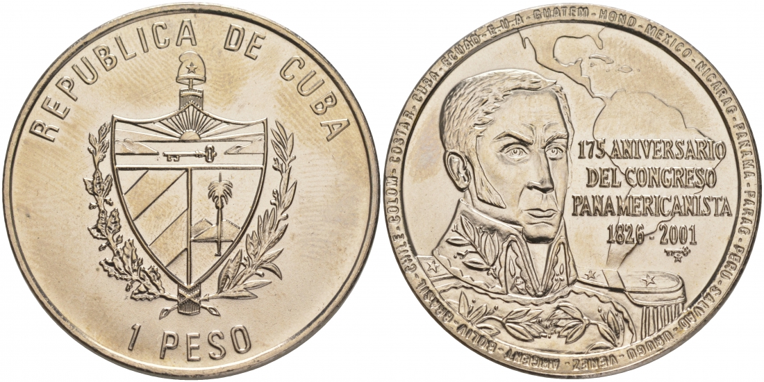 Куба 1 песо 2001 175-я годовщина Пан-Американского конгресса, Симон Боливар KM 844 медно-никель UNC 00-00