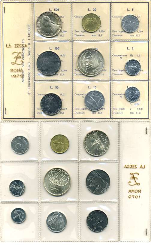Италия набор из 9 монет, включая 500 и 1000 лир 1970 в запайке, с сертификатом, в конверте KM MS3 (KM 91-94, 95.1, 96.1, 97.2, 98, 101) UNC 00-00