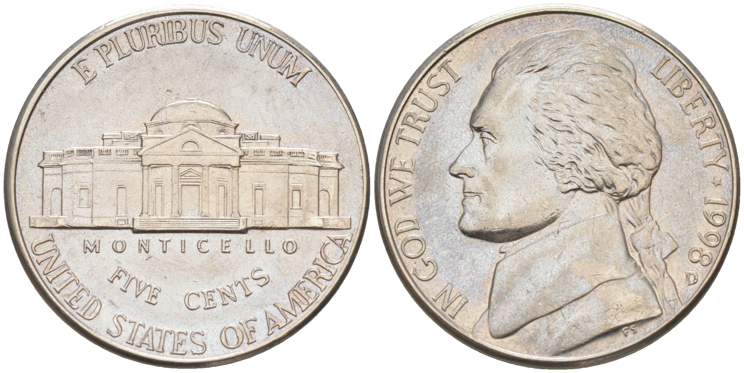 США 5 ЦЕНТОВ 1998 D ДЖЕФФЕРСОН KM A192 медно-никель 190-225