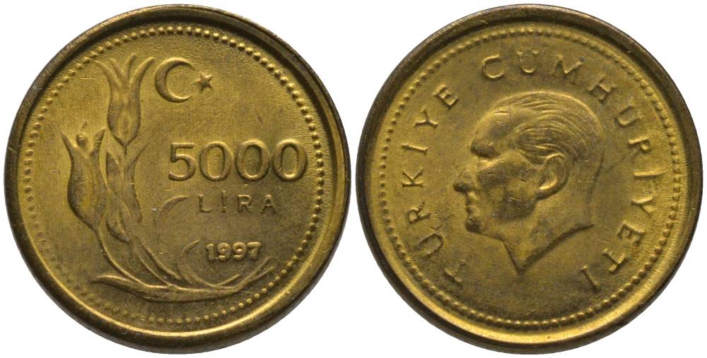 Турция 5000 лир 1997 Мустафа Кемаль Ататюрк KM 1029.1 латунь 181-451