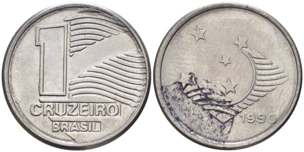 Бразилия 1 крузейро 1990 KM 617 нержавеющая сталь 201-746