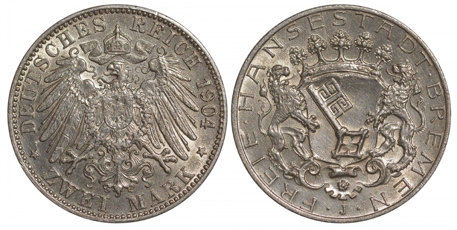 Бремен 2 марки 1904 J, Weege 59, J. 59, KM 250 серебро 00-815-70