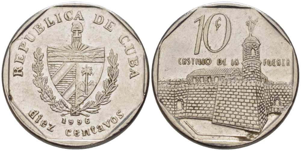 Куба 10 сентаво 1996 форт в Гаване Ла-Фуэрса KM 576.2 сталь плакированная никелем 4514-721
