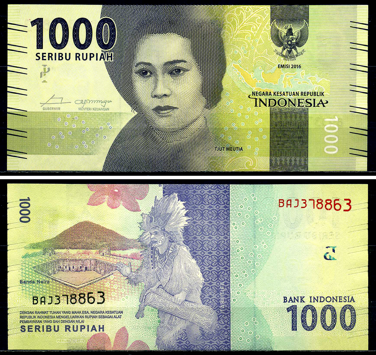 Индонезия 1000 рупий 2016 Тджет Нья Меутия, танцор Тифа, крепость Банданейра Pick 154 бумага UNC (пресс) 446-77-3