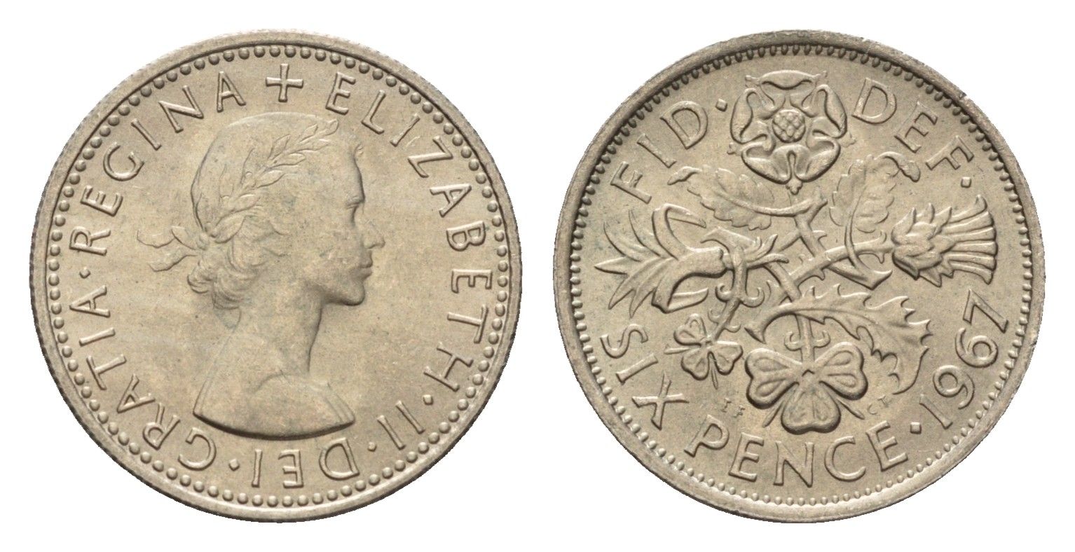 Великобритания 6 пенсов 1967 Елизавета II (1952-2022) KM 903, Spink 4149 медно-никель 4655-312