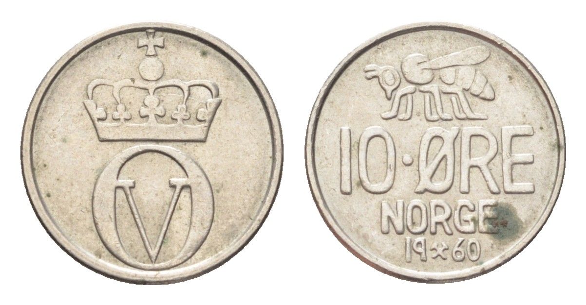 Норвегия 10 эре 1960 пчела, Улаф V (1958-1991) KM 411 медно-никель 4705-841