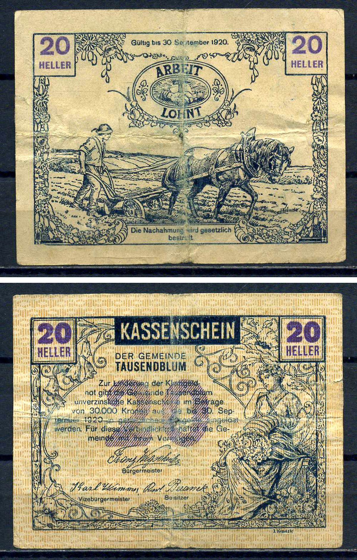 Таузендблум (Австрия) 20 геллеров 1920 Jaksc/Pick?JPR1060-20 бумага 7556-29-1-1