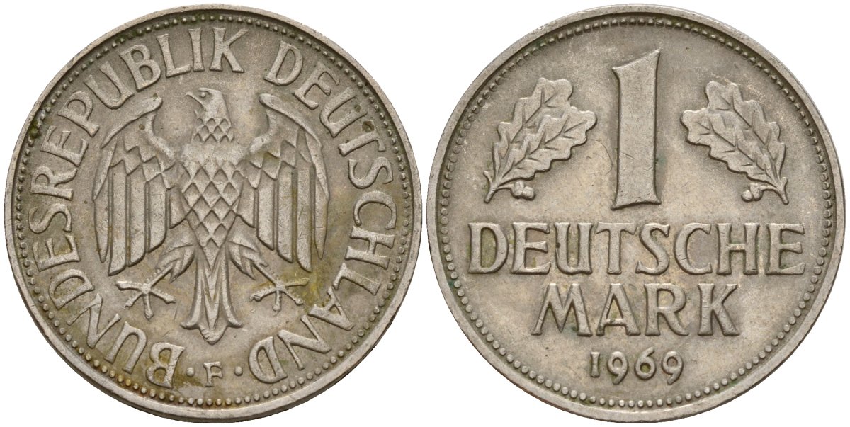 ФРГ 1 марка 1969 F KM 110, J. 385 медно-никель 4159-1113