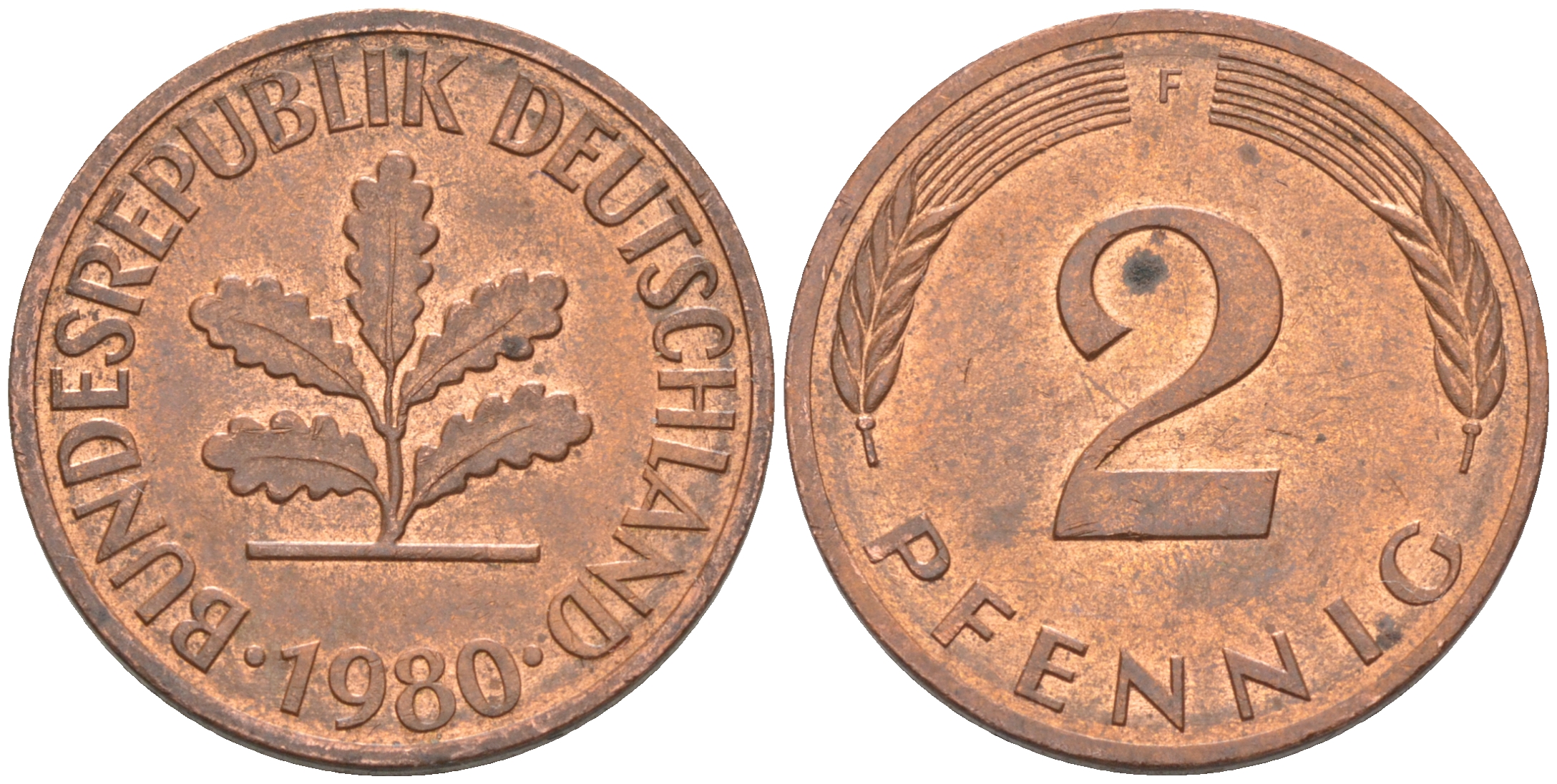 ФРГ 2 пфеннига 1980 F KM 106а, J. 381а сталь плакированная медью 55-1231