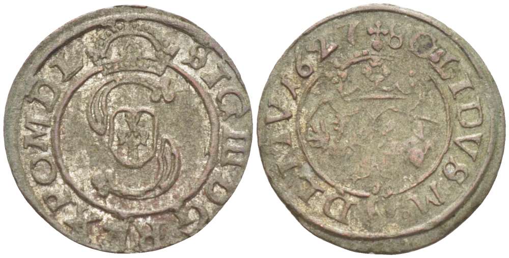 Великое княжество Литовское 2 денария 1627 Сигизмунд III (1587-1632), вес 0,53 гр. KM 31 серебро 1517-114