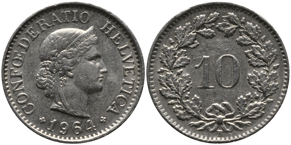 ШВЕЙЦАРИЯ 10 РАППЕНОВ 1964 В KM 27 медно-никель 96-1129