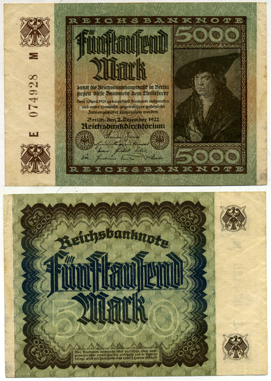 ГЕРМАНИЯ 5000 МАРОК 1922 2 ДЕКАБРЯ 1922, ВОДЯНОЙ ЗНАК Е, В ЗВЁЗДАХ G/D, ДЮРЕР Pick 81а бумага 3295-96-2