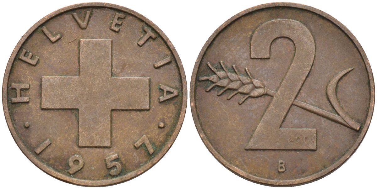 Швейцария 2 раппена 1957 В KM 47 бронза 4591-1141