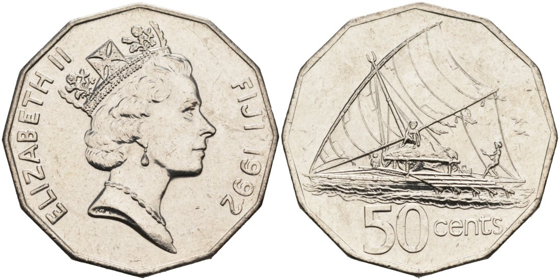 Фиджи 50 центов 1992 парусник, Елизавета II KM 54а никелированная сталь 4565-433