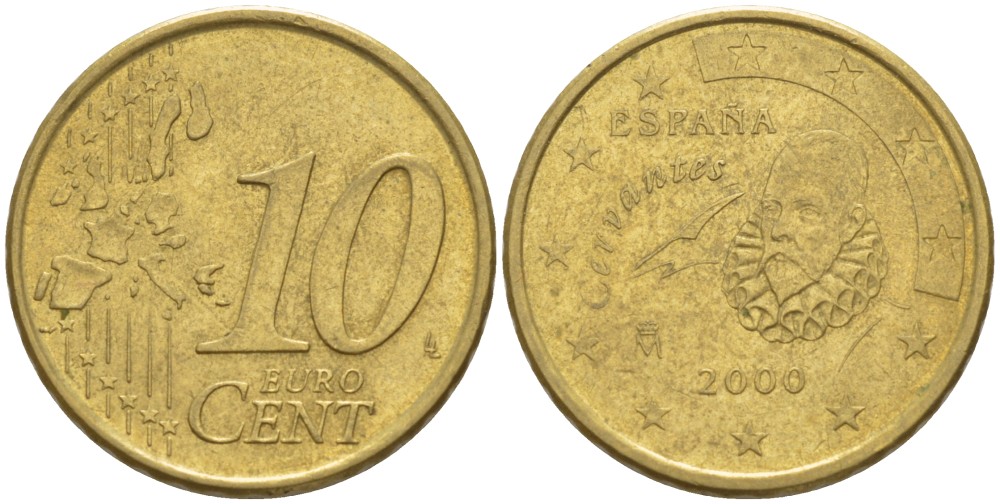 ИСПАНИЯ 10 ЕВРОЦЕНТОВ 2000 KM 1043 латунь 4543-324