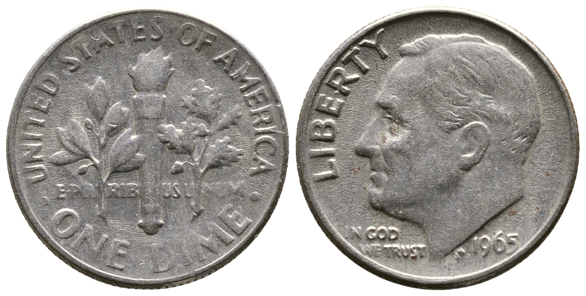 США 10 ЦЕНТОВ = 1 ДАЙМ 1965 РУЗВЕЛЬТ KM 195а медь плакированная медно-никелем 08-1332