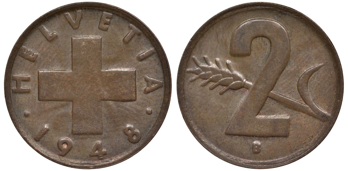 Швейцария 2 раппена 1948 в KM 47 бронза 4128-713