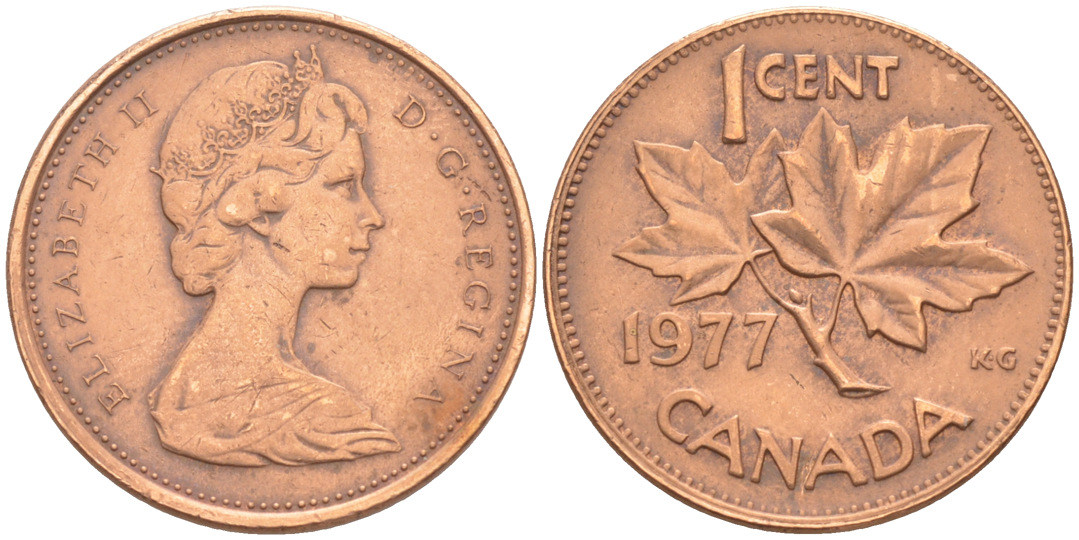 Канада 1 цент 1977 Елизавета II (1952-2022), кленовый лист KM 59.1 бронза 188-755