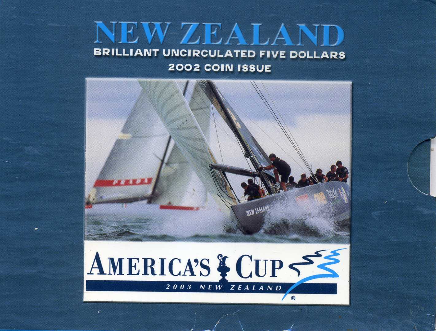 Новая Зеландия 5 долларов 2002 Регата - Кубок Америки, оригинальный блистер KM 272 медно-никель UNC 3-4-6-22