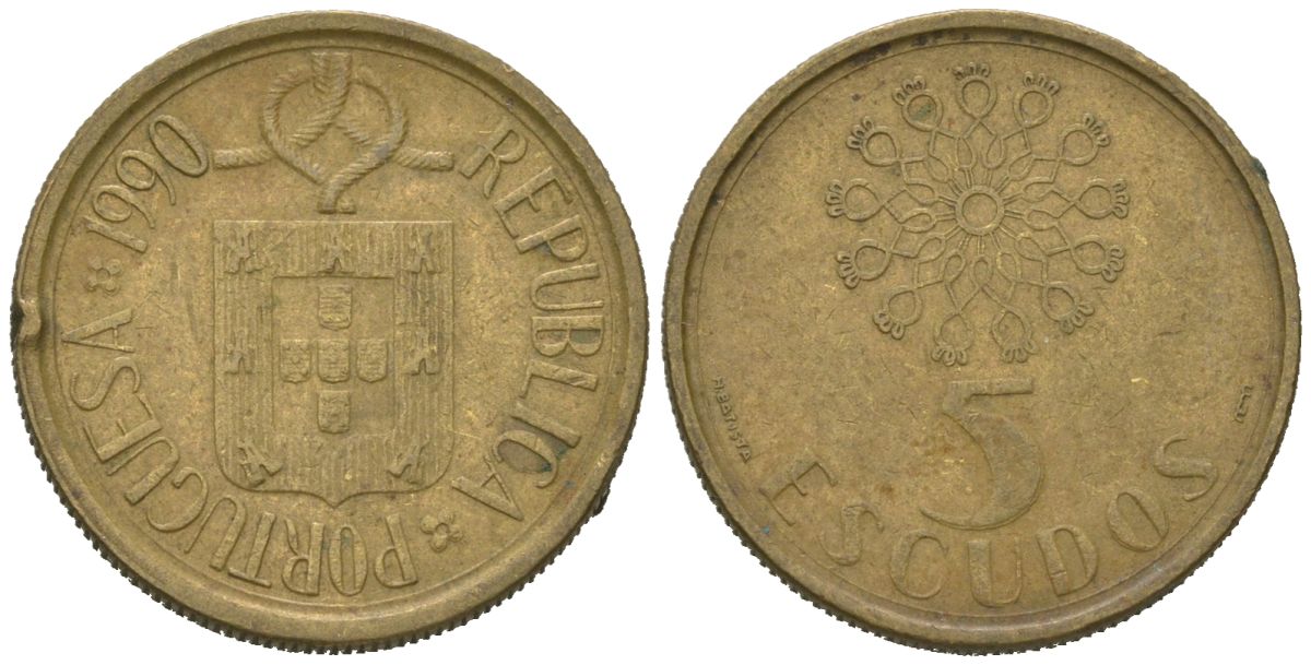 Португалия 5 эскудо 1990 KM 632 никель латунь 4618-367