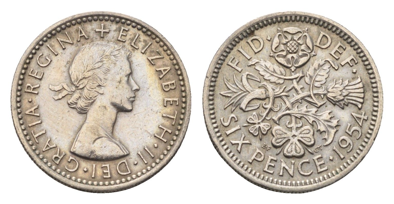 Великобритания 6 пенсов 1954 Елизавета II (1952-2022) KM 903, Spink 4149 медно-никель 4696-819