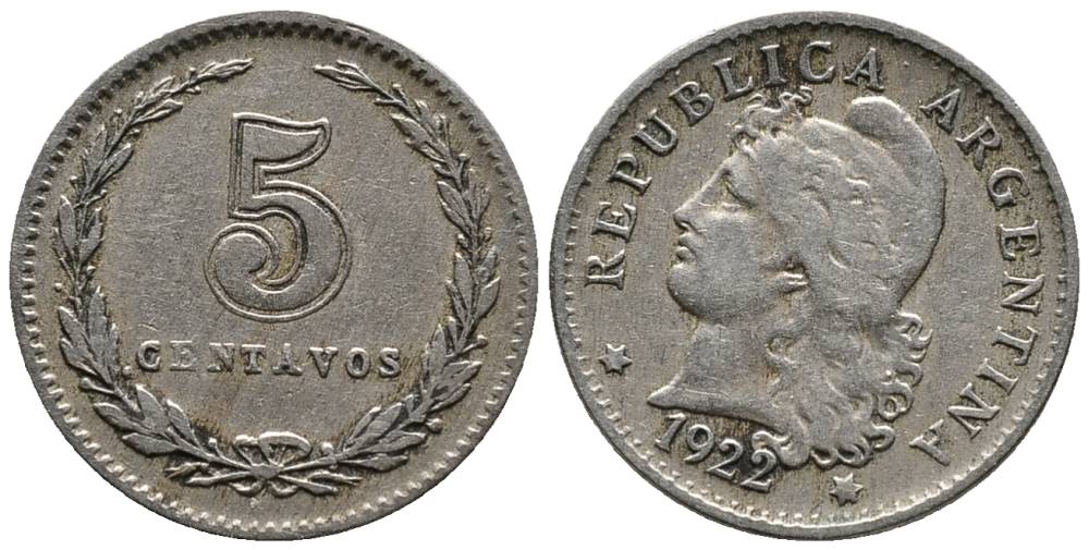 Аргентина 5 сентаво 1922 голова свободы влево KM 34 медно-никель 4528-226