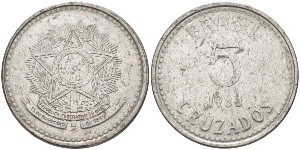 Бразилия 5 крузадо 1988 реформа 1986-1989 KM 606 нержавеющая сталь 119-1223