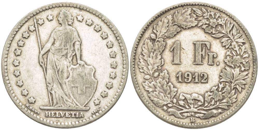 Швейцария 1 франк 1912 В KM 24 серебро 4544-354