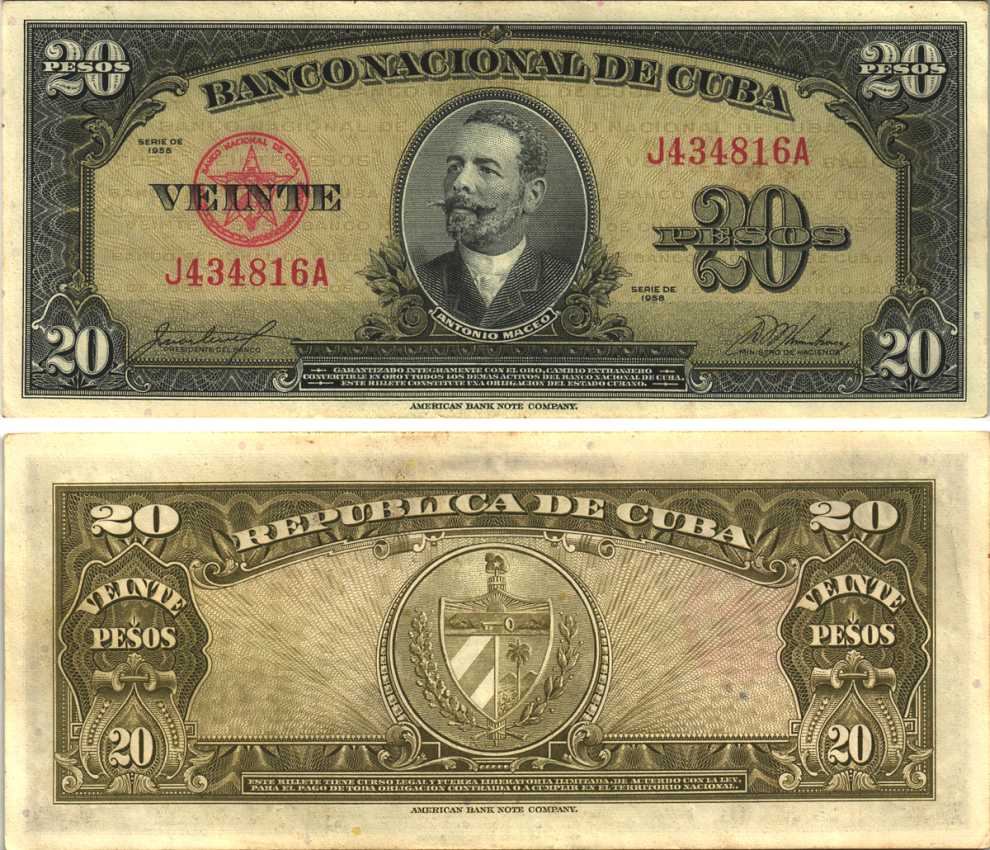 Куба 20 песо 1958 Антонио Масео, красная серия Pick 80 b бумага 7191-32-1-1