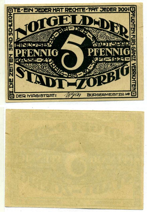 Цёрбиг 5 пфеннигов 1921 30 сентября 1921, нотгельд , земля Саксония-Анхальт Grabowski 1475.1 бумага 2195-27-1-1