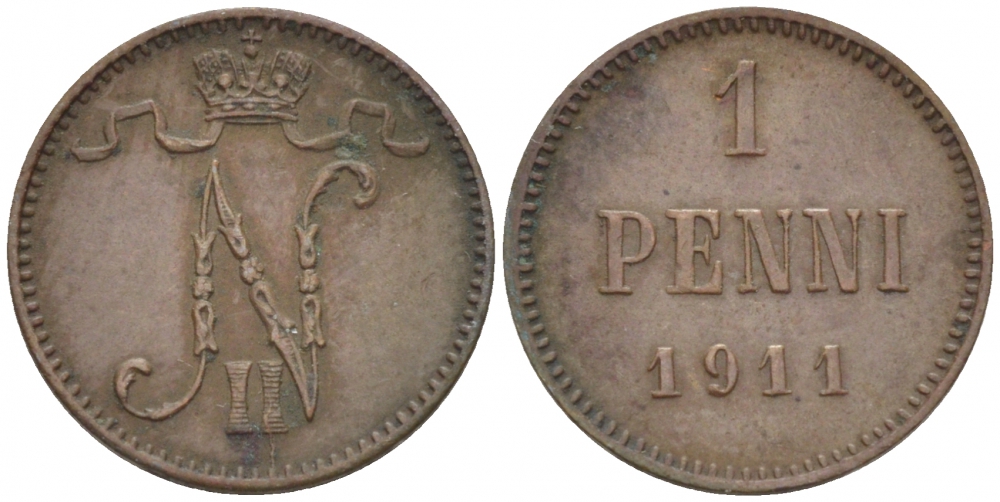 Россия для Финляндии 1 пенни 1911 Николай II (1894-1917) KM 13, Биткин 471 медь 4396-1323