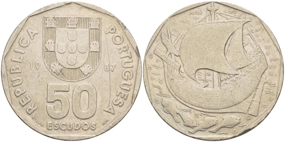 ПОРТУГАЛИЯ 50 ЭСКУДО 1987 ПАРУСНИК KM 636 медно-никель 4545-836