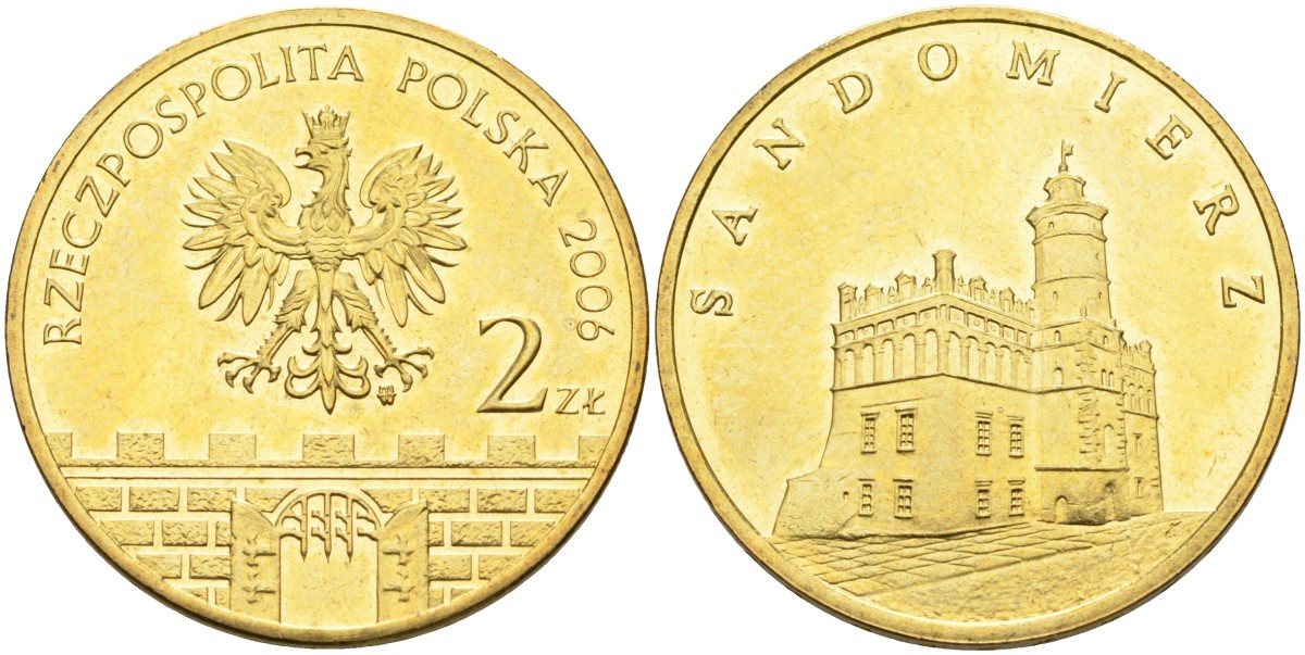 Польша 2 злотых 2006 MW, серия польские города, Сандомир KM 550 латунь 4586-1233
