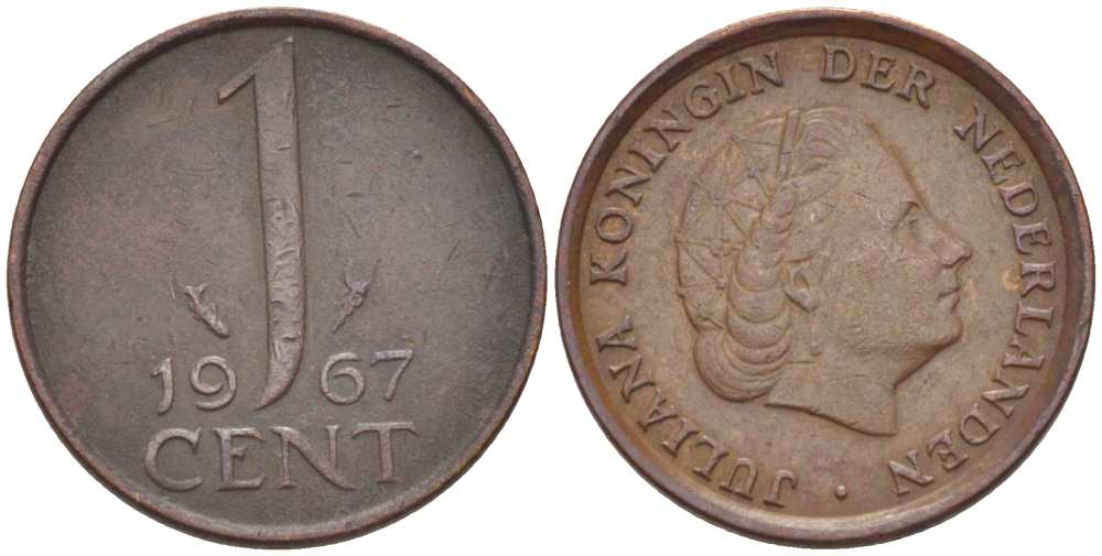 НИДЕРЛАНДЫ 1 ЦЕНТ 1967 КОРОЛЕВА ЮЛИАНА KM 180 бронза 3955-131